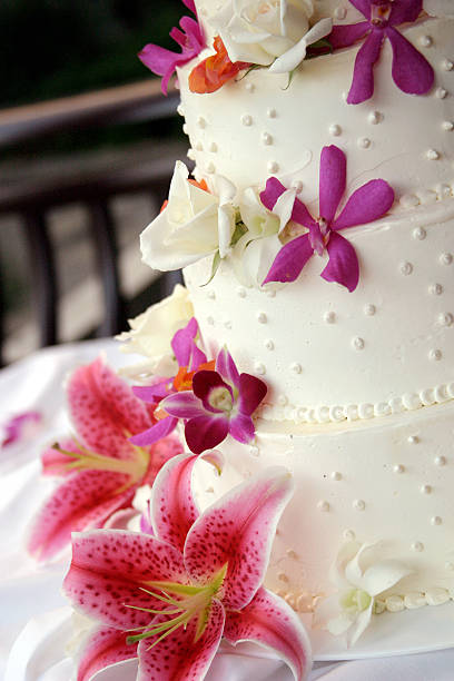 istock Close-up of Flowers Decorating White Tiered Wedding Cake 185312653
