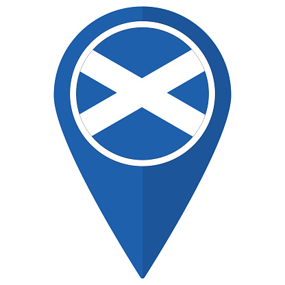 Flag of Scotland. Scotland flag on map pinpoint icon isolated