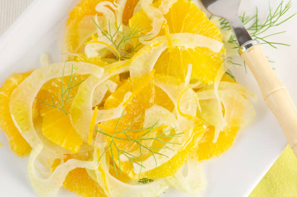 Fennel orange salad on white plate from above with fork