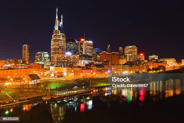 View Of Lit Nashville Skyline At Night From The Water Stock Photo - Download Image Now