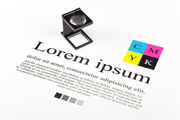 CMYK color guide and lorem ipsum text stock photo
