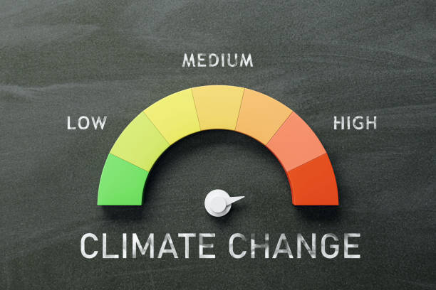 istock Climate change indicator on a slate background with a low to high meter. Environmental awareness concept. 3D Rendering 1853136063