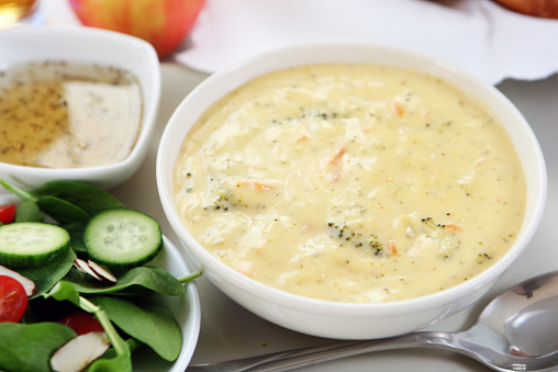 lunch - broccoli cheddar soup, bread,salad