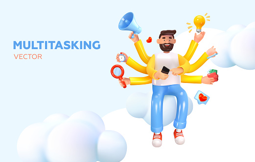 Multitasking character. A person with many tasks and affairs. Effective work. In 3D style. A man with many hands. Functionality on mobile. Vector illustration