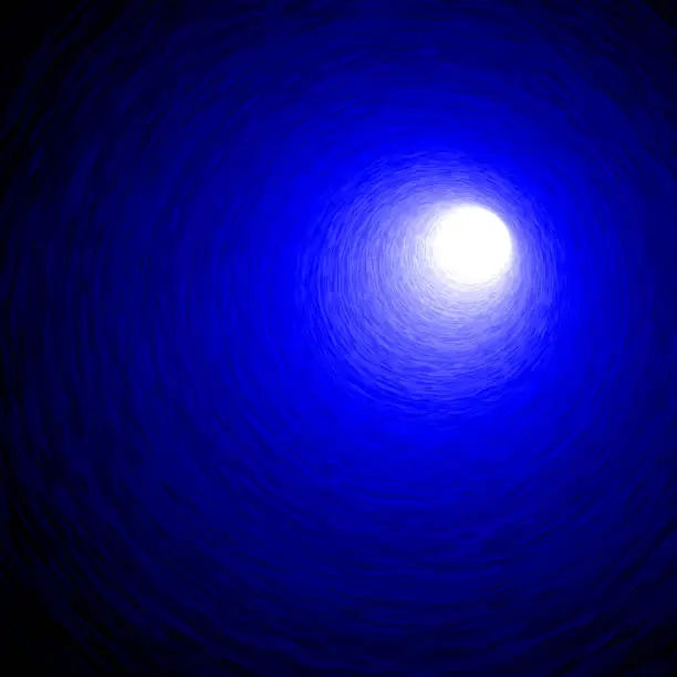 Vector illustration of Dark blue cave curving towards a bright light in the top right corner.