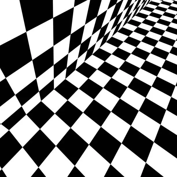 Vector illustration of Black and white checkered pattern with a distorted perspective.