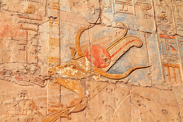 Chapel of Hathor Relief, Hatshepsut&#8217;s Temple, Theban Necropolis, Luxor, Egypt "A painted wall relief from the Chapel of Hathor, part of the mortuary temple of the 15th century BC Queen Hatshepsut (also Maatkare), the only woman to rule Egypt as pharaoh.  The figure of the cow represents the goddess Hathor, goddess of love music and dance.  Hatshepsutaas mortuary temple is located in the the Deir el-Bahri area of the Theban necropolis near Luxor." temple of hatshepsut photos stock pictures, royalty-free photos & images
