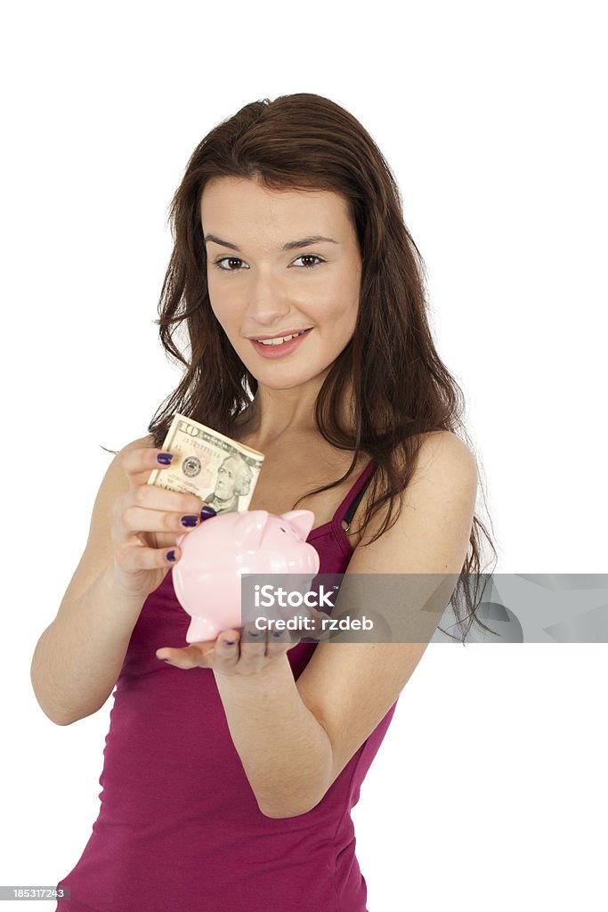 Красивая женщина и деньги свинья - Стоковые фото Валюта роялти-фри