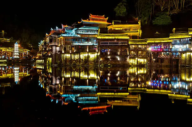Illuminated chinese building and reflection