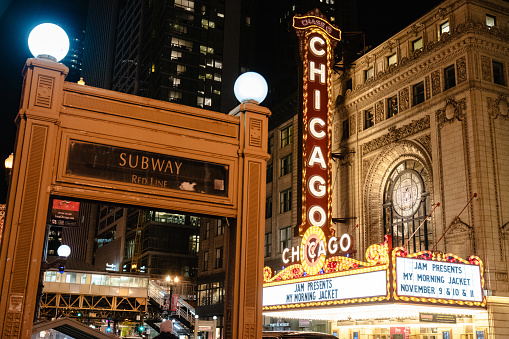 Chicago, United States – November 15, 2023: An illuminated marquee of a Broadway theatre in the evening in Chicago