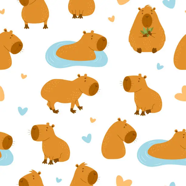 Vector illustration of Seamless pattern. Cute capybaras on white background. Vector illustration for design, wallpaper, packaging, textile. kids collection.