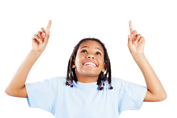 African American girl pointing up.