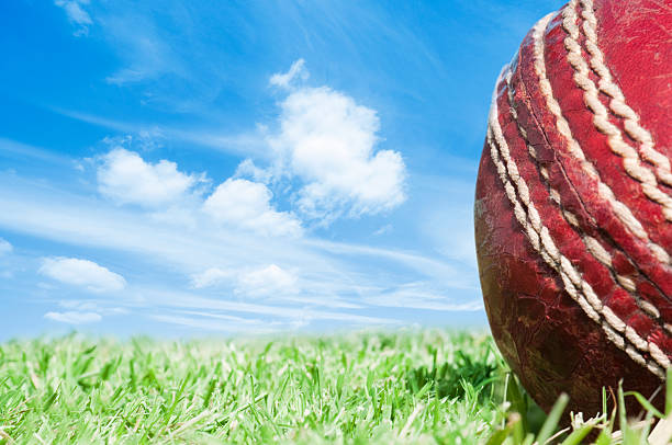istock Red leather cricket ball, grass pitch and blue sky 185318320