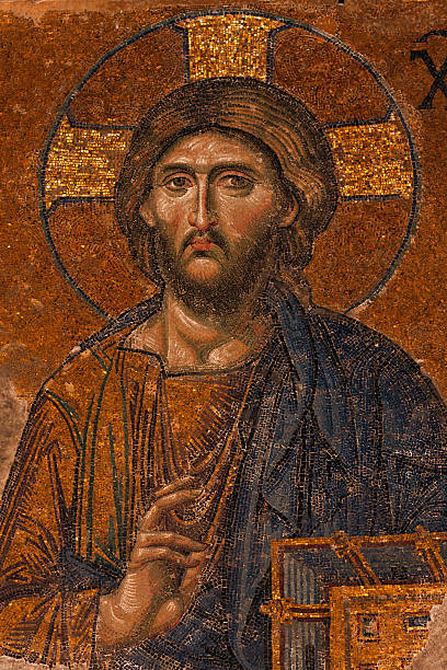byzantine mosaic of the Jesus Christ "13th century byzantine mosaic of the Jesus Christ (known as Christ Pantocrator) in the Hagia Sophia temple in Istanbul, Turkey" medieval fresco stock pictures, royalty-free photos & images