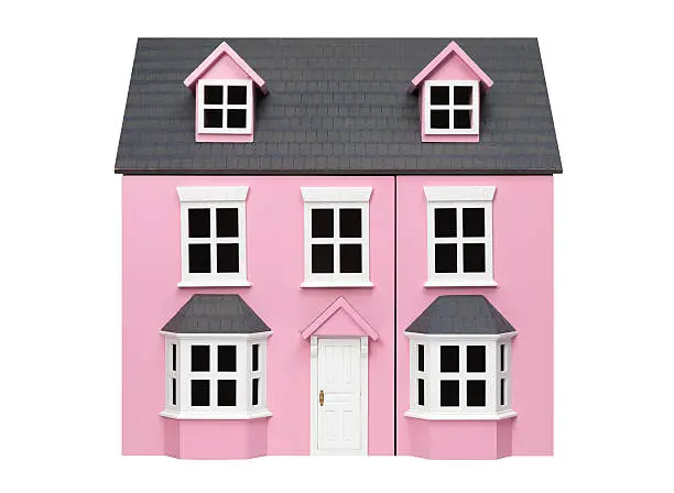 Photo of Two story pink model play house with white trim and door