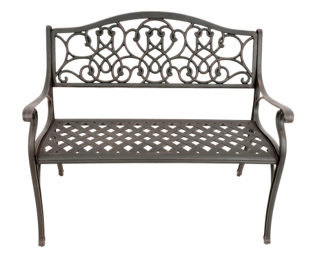 Wrought Iron Park Bench with a bronze finish. This image is isolated on a white background.