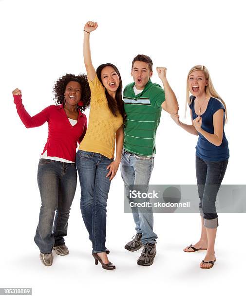 Four College Students Celebrating On White Stock Photo - Download Image Now - White Background, Ecstatic, Excitement