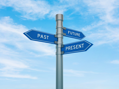 Directional Sign with Past Future Present Words - Sky Background - 3D Rendering