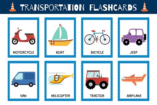 Transportation flashcards collection for kids. Vehicles flash cards set for school and preschool. Van, motorcycle, tractor and other cars. Vector illustration