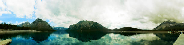 Panoramic view of 360 agrees from Minnewanka lake. Banff National Park. Canada.