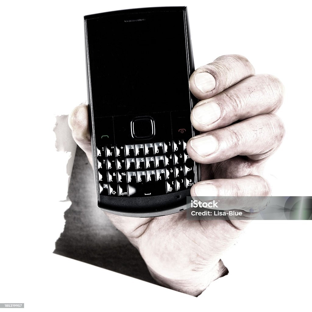 Mano mostrando cellulare Strappare Hole.Isolated. - Foto stock royalty-free di Adulto