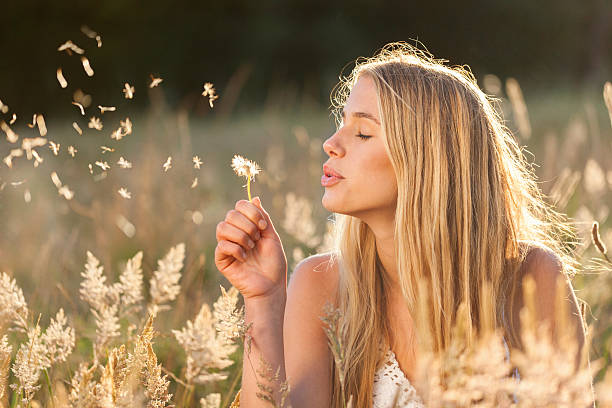 mulheres jovens com sementes de dente-de-leão em um campo - spring flower dandelion expressing positivity - fotografias e filmes do acervo