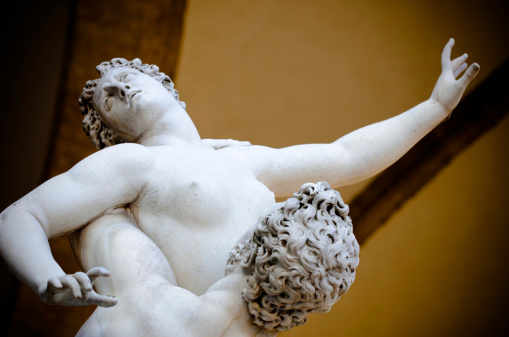 Rape of the Sabine Women (Giambologna's  sculpture) in the Loggia dei Lanzi beside the Uffizi gallery in the Piazza della Signoria  a Florence.