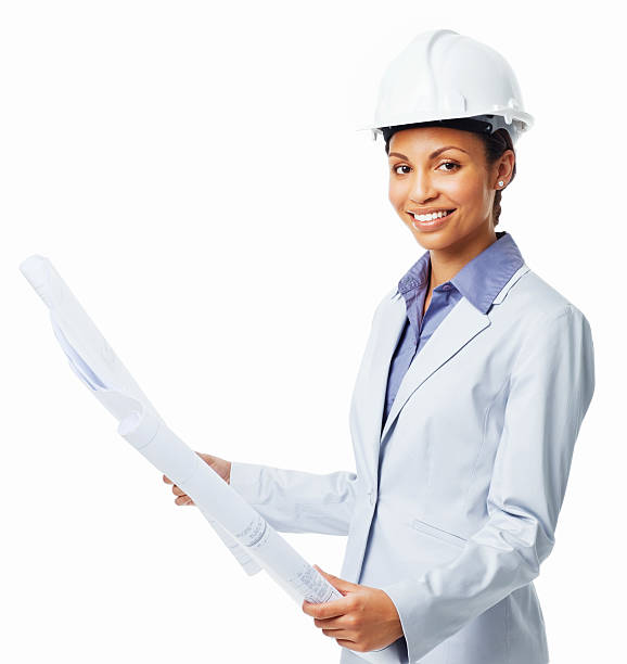istock Woman with Unrolled Blueprints - Isolated 185321805