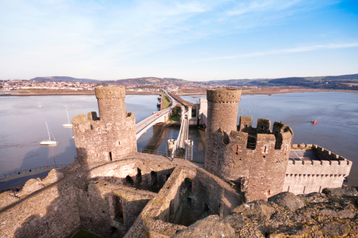 Wide angle the tree bridges that reach across the River Conwy.