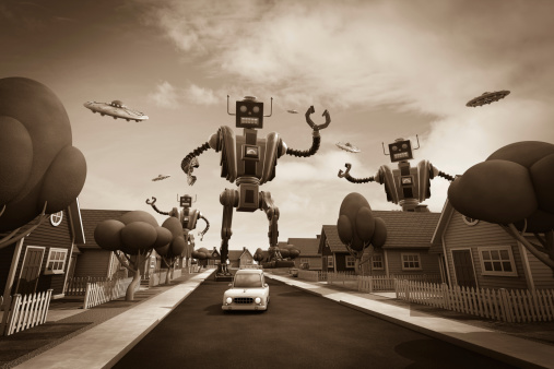 Alien robot invasion 1950s style.Could be useful in a science fiction composition.This is a detailed 3d rendering.