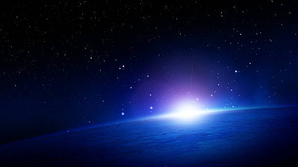 raggiante sole sopra l'orizzonte sul pianeta terra nello spazio - supernova foto e immagini stock