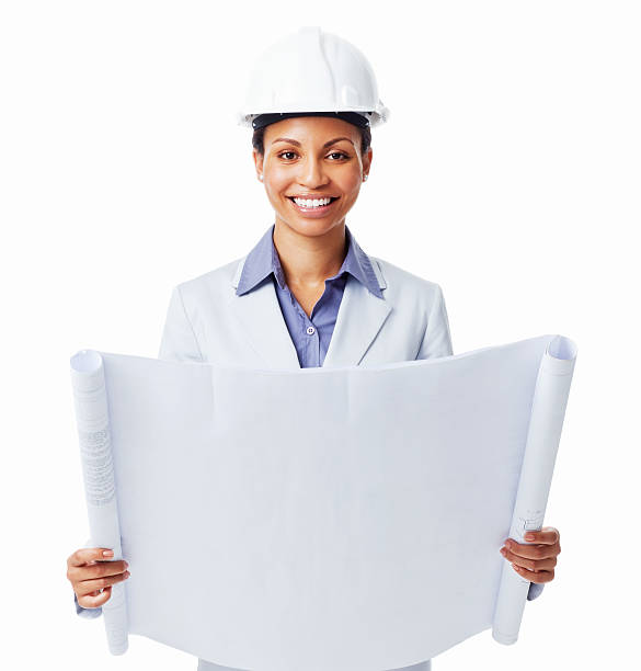 istock Woman Holding Building Blueprints - Isolated 185323615