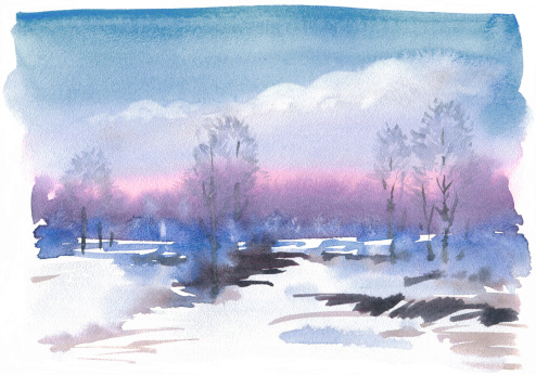 Watercolor drawing of a winter landscape.