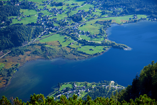 Hallstatt lake at sunny day in Austrian Alps, Salzkammergut region