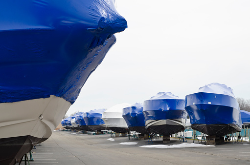 Boats in winter storage in the parking lot