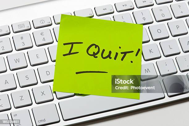 A Green Sticky Note Of Resignation Stock Photo - Download Image Now - Quitting a Job, Letter I, Note Pad