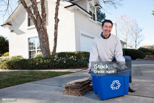 Man With Recycling Bin Stock Photo - Download Image Now - Men, Recycling, Recycling Symbol