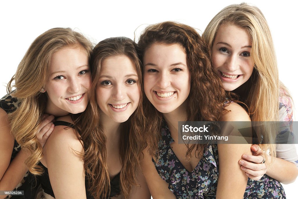 Rir jovem feliz Teen meninas no fundo branco Close-up - Royalty-free Meninas Adolescentes Foto de stock