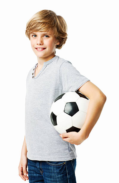 kleiner junge mit fußball ball-isoliert - soccer child indoors little boys stock-fotos und bilder