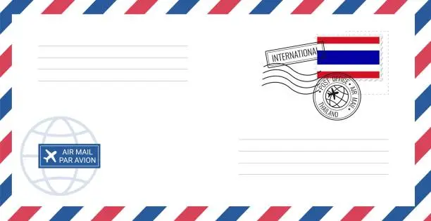 Vector illustration of Blank air mail envelope with Thailand postage stamp. Postcard vector illustration with Thai national flag isolated on white background.