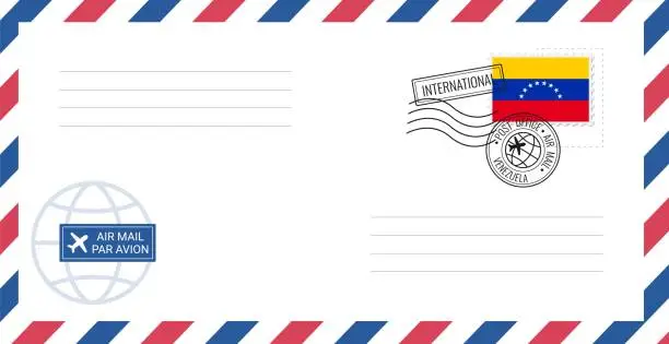 Vector illustration of Blank air mail envelope with Venezuela postage stamp. Postcard vector illustration with Venezuelan national flag isolated on white background.