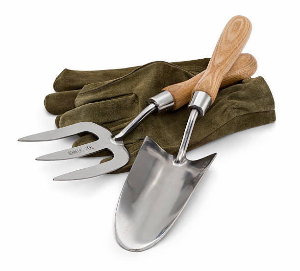 outils de jardinage mettez-vous au vert gants de jardin - trowel shovel gardening equipment isolated photos et images de collection