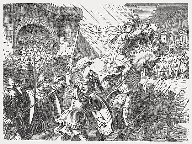 Judas victory over Lysias (2 Maccabees, 11), published in 1877 Judas victory over Lysias (2 Maccabees, Chapter 11). Woodcut engraving after a drawing by Julius Schnorr von Carolsfeld (German painter, 1794 - 1872), published in 1877. judas stock illustrations