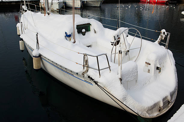 istock Yachts and boats under the snow 185327508