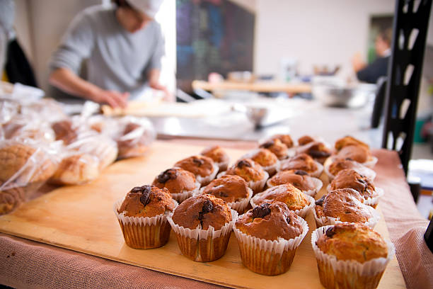 Freshly baked muffins at the bakery.