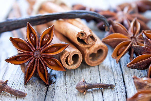 Aromatic spices Aromatic spice cinnamon sticks, star anise,cloves and vanilla stick cinnamon sticks cloves stock pictures, royalty-free photos & images