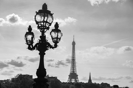 Electric lamps on Pont Alexandre Bridge overlooking the Eiffel Tower at sunset, Paris, France