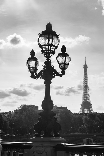 Electric lamps on Pont Alexandre Bridge overlooking the Eiffel Tower at sunset, Paris, France