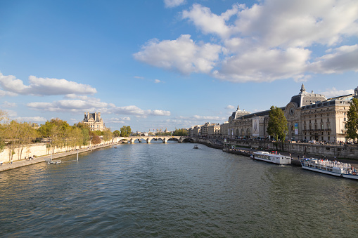 The Seine River in Paris seen from the Leopold Sedar Senghor Bridge, France