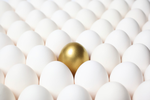 Gold egg among rows of regular eggs.